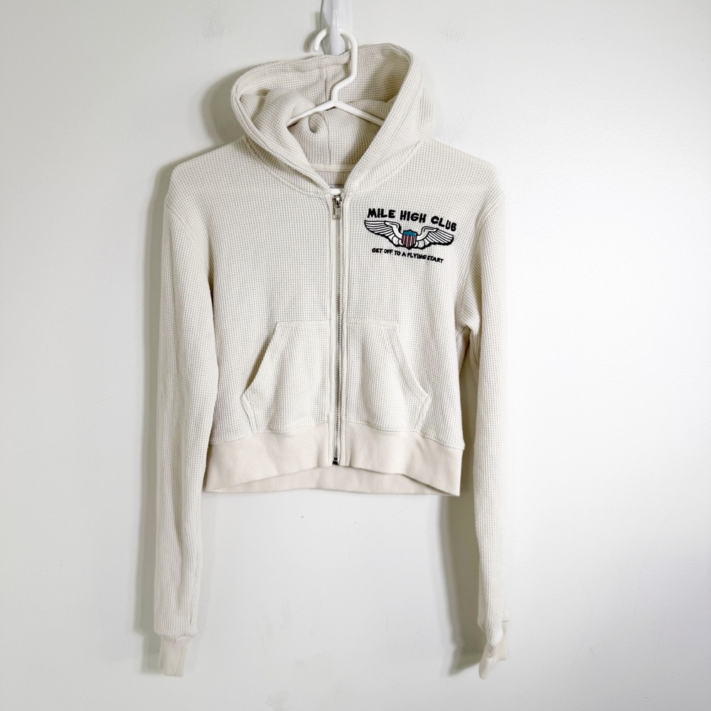 Boys Lie Hoodie Womens XS/S White Mile High Club Waffle Knit Zip Up Crop Graphic
